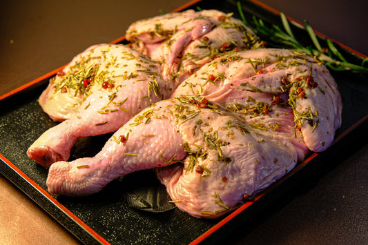 Whole Spatchcock with herb, garlic and pink peppercorns seasoning